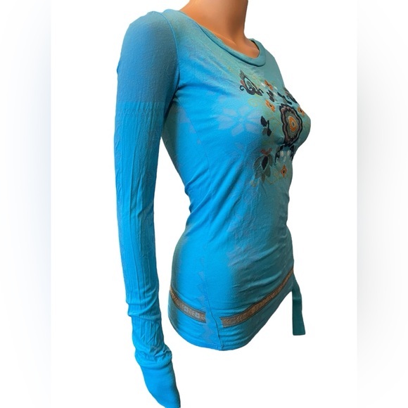 Free People Blue Hippie Boho Southwestern Aztec Floral Long Sleeve Stretch Shirt - Picture 4 of 9